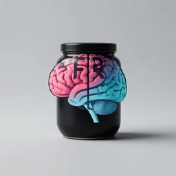 minimalistic logo of brain on black jar, advert, synthwave colours, hyperrealism,