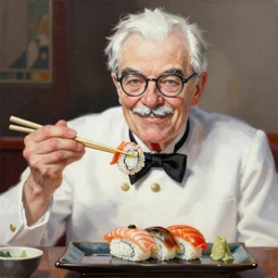 Colonel Sanders eating sushi with chopsticks in hand. Beautiful painting. Artstation, high quality, 4k, expressive masterpiece