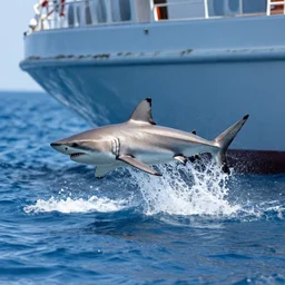 action photo of shark jumping from surface of the sea into the ship, from nature journal, 1 / 1 0 0 0 sec shutter, action photo