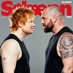 Ed Sheeran and Ed Sheeran Steve Harvey face to face in a wrestling promotional poster, magazine scan