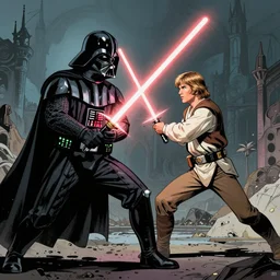Darth Vader and Luke Skywalker in an epic light saber battle, comic book style, graphic art,