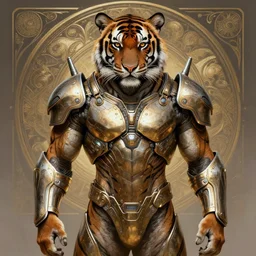 perfectly centered full figure portrait of royal bengal tiger, sci - fi armour, muscular! cyberpunk, intricate, elegant, highly detailed, digital painting, artstation, concept art, sharp focus, illustration, art by artgerm and greg rutkowski and alphonse mucha