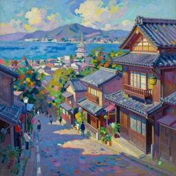 a beautiful japanese city near the sea, amazing ryokans and gorgeous edo era houses, intense cyberpunk, lofi vibe, colorful, vivide colors, oil painting in impressionist style, by jeremy lipkin, by claude monet, by makoto shinkai, multiple brush strokes, inspired by ghibli, masterpiece, beautiful