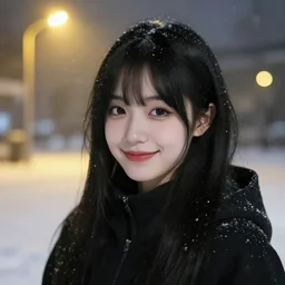a smiling goth girl on a snowy night, close-up, yellow street lights in the background