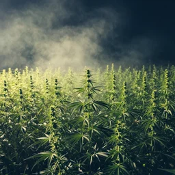 tall cannabis field in smoke at night, vintage