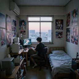 small room in tokyo, window open, dawn, young man sitting at computer, walls covered with anime posters, lots of appliances on shelves, small bed not made, photo realism, poster art, hyper details, soft light, soft shadows, blurred photo