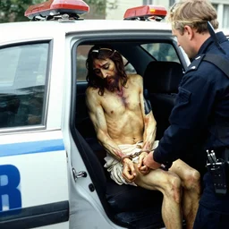 jesus christ, under arrest, circa 2 0 0 1, handcuffed, getting into back seat of police cruiser