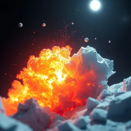 explosions of fire and ice, stylized, minimalist, by loftis cory, behance, hd, by jesper ejsing, by rhads, makoto shinkai and lois van baarle, by ilya kuvshinov, global illumination, rimlight, bokeh, octane render, dark sky in background, little planets, suns, moons
