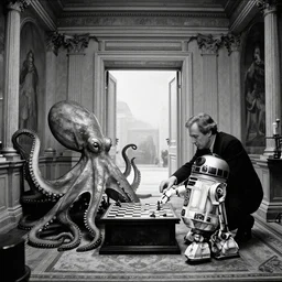 1 9 6 0 s movie still by tarkovsky of a giant octopus and r 2 d 2 playing chess in a tiny neoclassical room, an open doorway behind, cinestill 8 0 0 t 3 5 mm b & w, high quality, heavy grain, high detail, panoramic, ultra wide lens, cinematic composition, dramatic light, anamorphic, raphael style, piranesi style