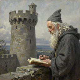 Old Wizard looking down from stone tower, oil painting