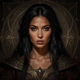 head-on centered symmetrical painted portrait, woman D&D Sorcerer, black hair, light brown skin, intricate fantasy robes, dramatic lighting, intricate, fantasy, intricate, elegant, highly detailed, digital painting, smooth, sharp focus, illustration, dramatic lighting, artstation, in the style of Artgerm and Anna Podedworna