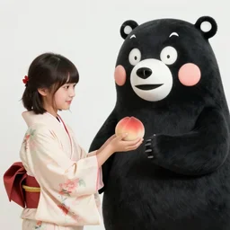 portrait of a girl wearing a kimono giving a peach to a large anthropomorphic asian black bear, in the style of booth franklin