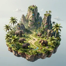 an intricate concept illustration, fantasy, mini island with coconut trees, megafauna, large biomes, ultra photorealistic, ultra sharp, artstation, cgsociety, masterpiece, octane render, by wylop, 8 k