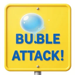 a yellow sign with blue text warning bubble attack!
