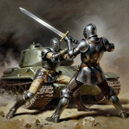 a drawing of a knight fighting with a tank using sword, by frank frazetta
