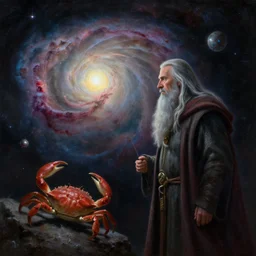 a beautiful painting of gandalf watching the crab nebula above an alien world, ray traced lighting by jean kalin popov and greg rutkowski