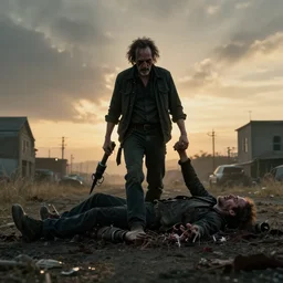 in the center of the composition, the walking dead grab and try to tear up rick sanchez at dawn like in the movie interstellar in the hope that he will die, wide angle lens, octane rendering, in the style, 8 k,