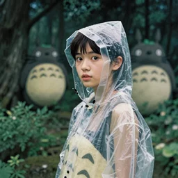 Cinestill 50d, 8K, highly detailed, studio ghibli totoro style 3/4 extreme closeup portrait, eye contact, focus on clear transparent raincoat model, tilt shift zaha hadid style forest background: famous totoro remake, forest scene