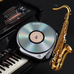 the wizard of sony minidisc and analog media, corrugated, diode, piano, saxophone, in a symbolic and meaningful style
