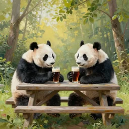 Painting of two pandas drinking a Belgian trappist outside in the sun at a picnic table in the style of Rembrandt