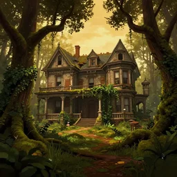 a tumbledown victorian mansion half hidden in the mossy forest, oak trees, tangled ivy, spiderwick, dynamic angle, atmospheric golden light, cinematic landscape, uncharted game vibes, one pixel brush, art by eytan zana, greg rutkowski, 8 k render