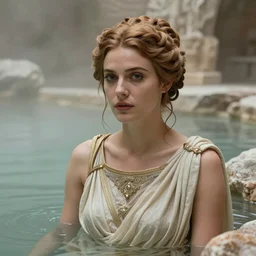 cinestill 5 0 d portrait of a beautiful woman by annie liebovitz, sitting in a hyper detailed ancient roman thermal baths, pale natural tonal matt, hair intricate style, wearing are intricate ancient roman dress, elegant, highly detailed, soft foggy blur, artstation, sharp focus, head in focus,