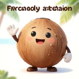 “Friendly anthropomorphic coconut smiling and waving at the camera, character design, art station”