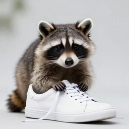 a cute raccoon and a white sneaker shoe with its laces undone, highly detailed, hyperrealistic, award winning, national geographic wildlife photo, bokeh, soft lighting