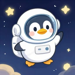 cute astronaut penguin, helmet on, floating on space, disney style