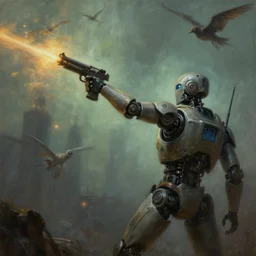 a wonderful and brilliant painting of a robot soldier firing its gun arm into the air at flying creatures. Eldritch sci Fi horror aesthetic. Trending on artstation.