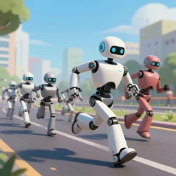 running robots in a marathon, digital painting by pixar and greg hildebrandt, artstation