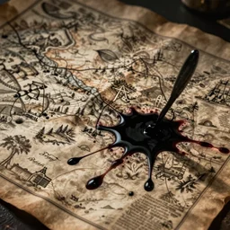 blood and black ink spilled on an old treasure map.