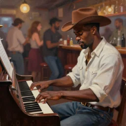 a blurry painting of a redneck bar brawl, black man playing piano, artstation