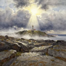 watercolor painting of rocky land, rough terrain, lighthouse on top of the hill, sunshine and sun rays, art by anders zorn, wonderful masterpiece by greg rutkowski, beautiful cinematic light, american romanticism by greg manchess, creation by tyler edlin, stormy puffy clouds and harbour in distant background, foggy