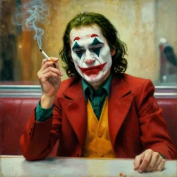 joaquin phoenix joker at at diner, smoking a cigarette, oil painting