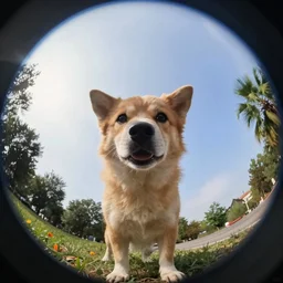 Selfie of a dog, first-person view, fisheye lens!!!!!!, photorealistic imagery, trending on artstation, 4k, 8k