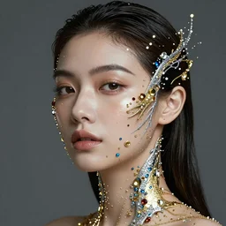 portrait of a beautiful futuristic woman layered with high-tech jewelry wrapping around her face and head, golden-silver light with tiny blue, gold, and red gems scattered like dust