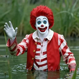 professional close up high quality photograph of creepy ronald mcdonald frolicking in a swamp