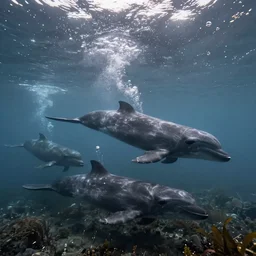 ultra realistic underwater photography, panoramic picture of an ocean floor with a few baluga whales. focus on the whales. the whales are anatomically correct and highly detailed. lots of bubbles. seaweed and some rocks. gloomy scattered light entering from the water surface, artstation, 8 k
