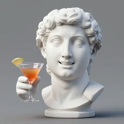 a 3 d smiling model of a white marble human head in a renaissance style holding a coctail, digital illustration, 3 d render, above the waist