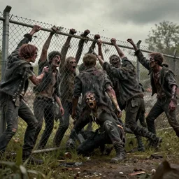 zombies try to take down a fence, realistic, 8 k, extremely detailed, cgi, trending on artstation, hyper - realistic render, 4 k hd wallpaper, premium prints available, by greg rutkowski