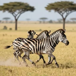 chromatic zebras running in the savanah, 4 k