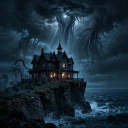 in the style of charlie bowater, dean cornwell, steve niles : : stunning, spooky haunted house on a cliff, tentacles coming down from the sky : : lighting, clouds, storm, cthulhu rising from the ocean : : night time : : lovecraftian : : cinematic lighting : :