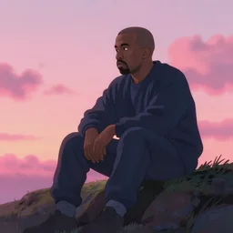 A painting of Kanye West sitting on a hill by the sunset by Shinji Arakami, dreamy, pink skies, cloudy, melancholic, anime, cool, Ghibli-style, disney-style, extremely detailed