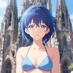 portrait of a beautiful anime girl in bikini merging with a cathedral building, unusual beauty, etheric, outworldly colours, emotionally evoking symbolic metaphors, head in focus, fantasy, ornamental, intricate, elegant, highly detailed painting style photo, artstation, concept art, painterly, golden ratio, sharp focus, illustration, art by john william godward and zdzisław beksinski, antonio mora,