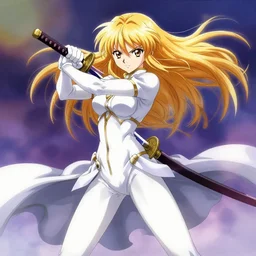 renaissance anime brave elf girl with white skin, strong pose, katana in hand, golden hair blowing the wind, strong pose, trending art, dynamic photography, centered, fate zero, extremely high detailed, bokeh color background, studio ghibly makoto shinkai yuji yamaguchi, wlop