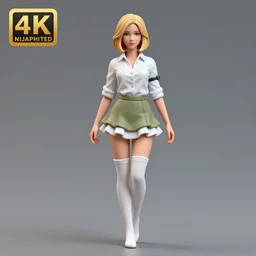80mm resin detailed miniature of a beautiful lady, clothed in white shirt, Ruffled mini skirt, olive skin, short blond hair, arm cover, white knitted tights, beautiful bone structure, symmetrical facial features, Product Introduction Photos, 4K, Full body