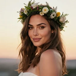 fine art photo of the beauty gal gadot, she is posing while maintain a sweet eye contact to the camera, she has a crown of flowers and she has flowers around her, the photo was taken at sunset ; you can see a bokeh effect behind the model, the photo was taken by annie leibovitz, photorealistic, matte painting, hyper realistic, concept art, 4 k, 8 k, cinematic composition, cgsociety, hd, highly detailed, trending on artstation