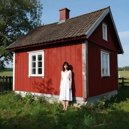 a young woman in the shadow! of a red cottage!. black hair, white! dress, sharp focus, wide angle, trending on artstation