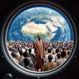 analogue photo of an African tribal man Djing to a crowd on a spaceship, view of planet earth in porthole window, wide angle,